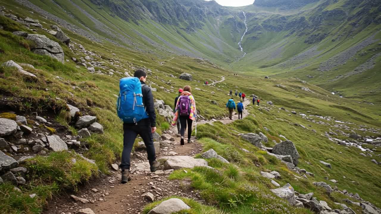 Scenic Mountain Trail Hiking Adventure: Explorers Trekking Through Lush Green Valleys and Majestic Landscapes with Natural Beauty All Around