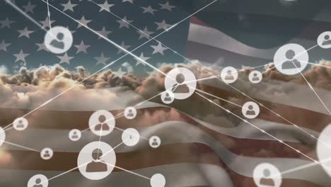 Animation-of-network-of-connection-and-icons-over-usa-flag-and-cloudy-sky