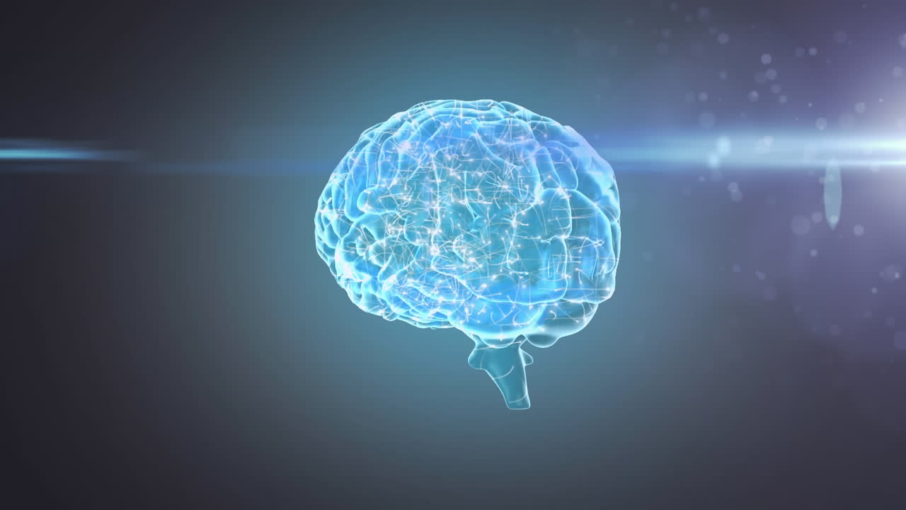 빛나는 파란색 배경에서 회전하는 3d 빛나는 파란색 인간의 뇌의 애니메이션