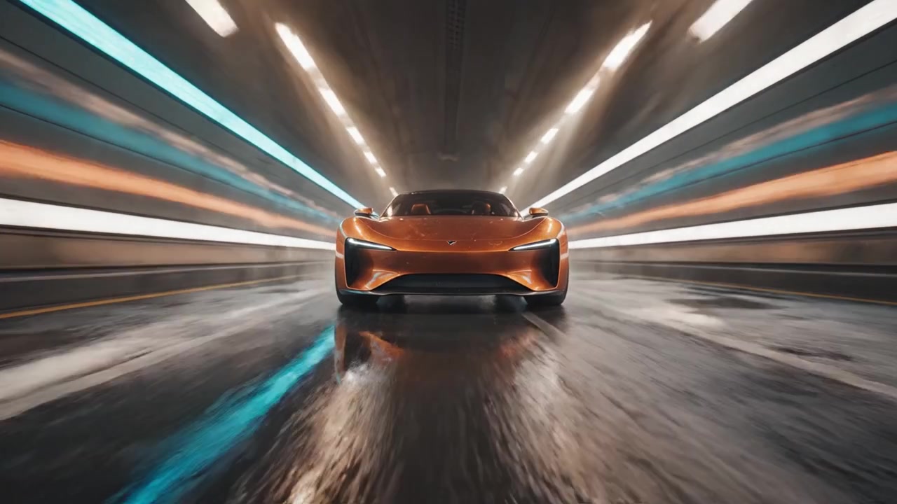 Elegante e potente auto sportiva elettrica che accelera in una galleria dinamica con effetti di sfocatura di movimento, mettendo in mostra il design e l'ingegneria automobilistica moderna