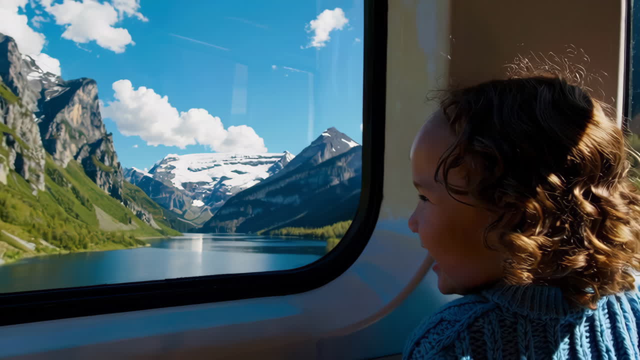 niño mirando por la ventana del tren a un paisaje alpino