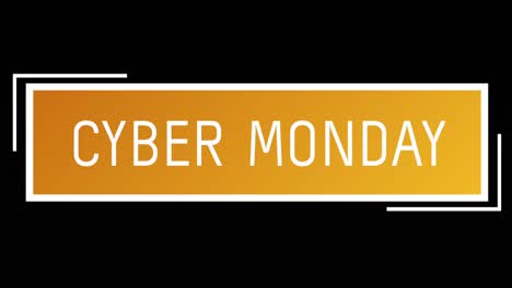 texto blanco y naranja de cyber monday que aparece contra una pantalla negra