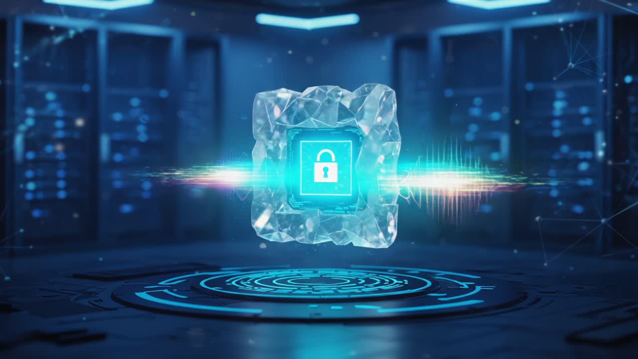 Futuristic Digital Lock Concept in a High-Tech Environment Representing Data Security and Technology Advancements with Vibrant Visual Effects and 3D Graphics