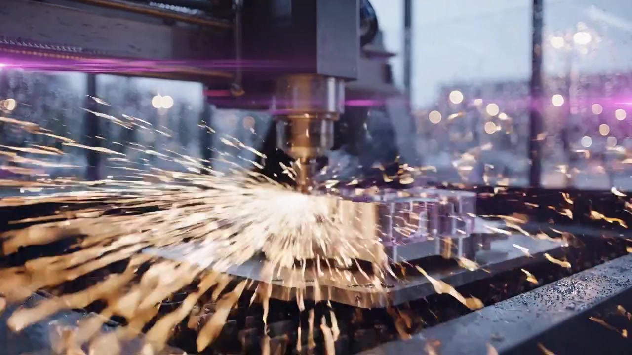 CNC Makinesinin Kıvılcımlar ve Dijital Katmanla Metal Kestiği Yakın Çekim.