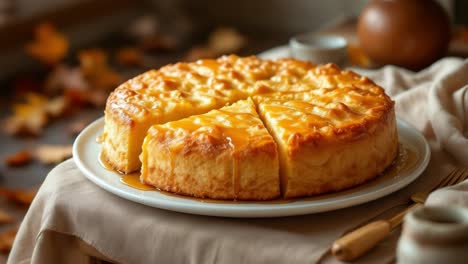 a delicious cheesecake dessert is beautifully presented on a white plate, surrounded by autumn leaves, creating a warm and inviting atmosphere in a cozy kitchen, perfect for seasonal gatherings
