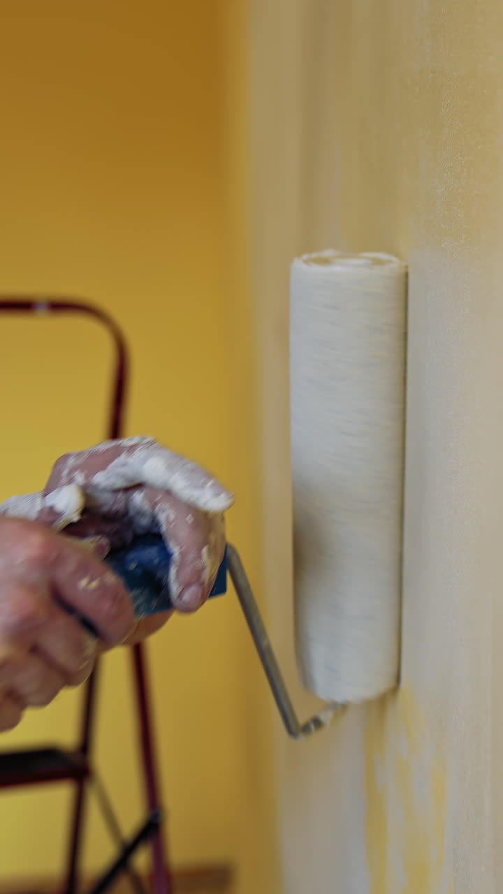 Hand with paint roller during room renovation. Man moving paint roller with white color on the wall. Professional painting services. Close-up. Vertical video