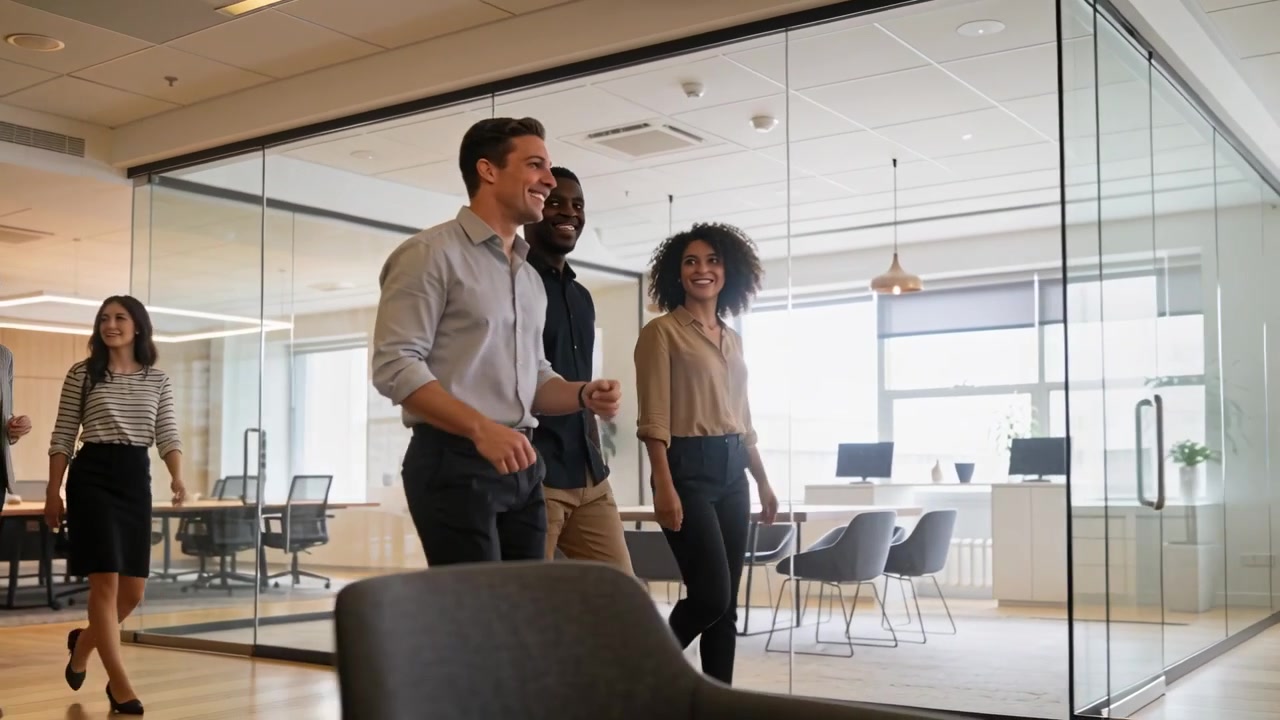 Entering corridor, business-casual coworkers walking past glass-walled conference room toward desks
