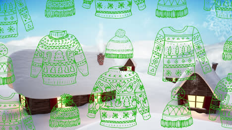 christmas sweater and beanie icons in seamless pattern against snow falling over winter landscape