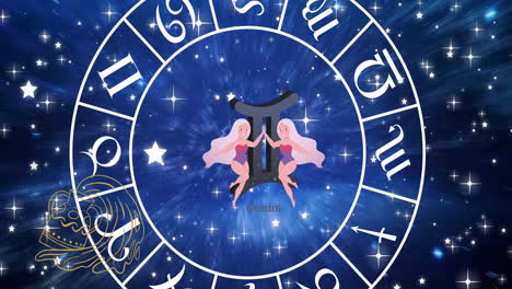 animation of gemini star sign in zodiac wheel on starry night sky