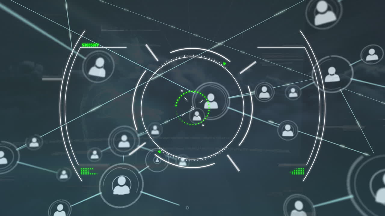 사람과 연결된 네트워크의 애니메이션, 범위 및 데이터 처리의 아이콘