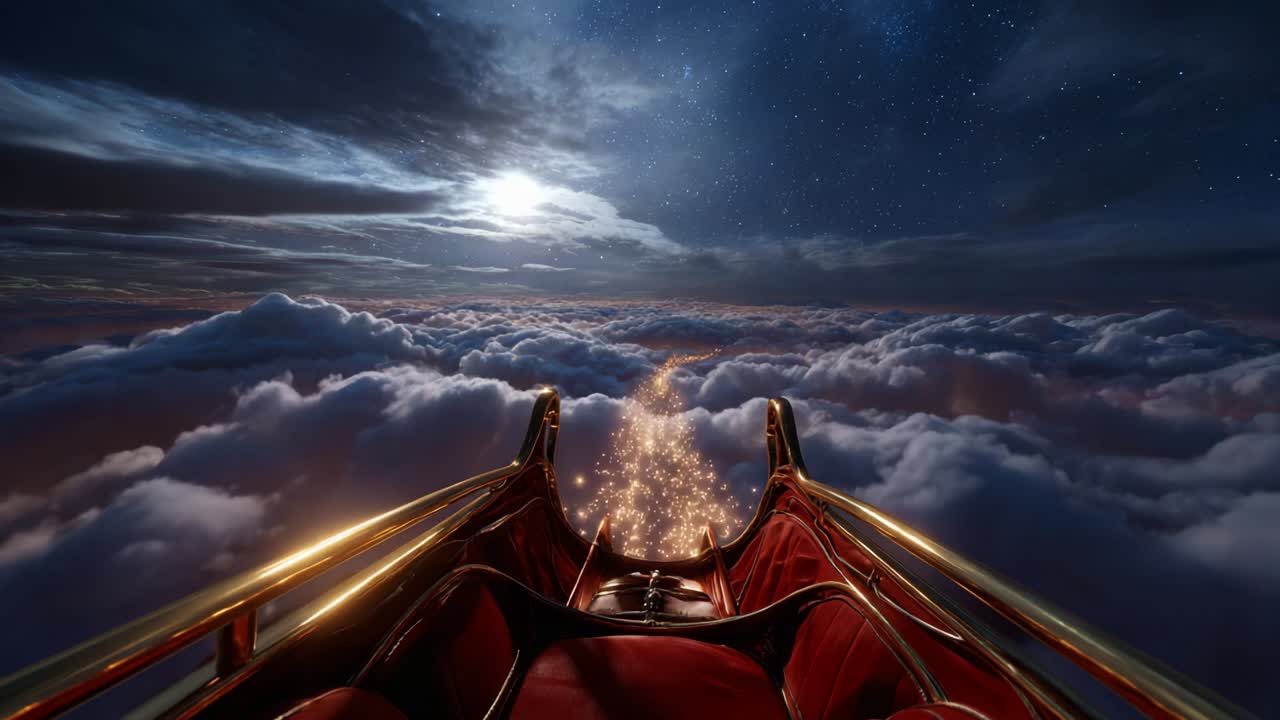 A Dreamlike Journey Above the Clouds: Captivating Views from a Sleek, Luxurious Ride as Sparkling Trails Illuminate the Night Sky Filled with Stars, Offering an Enchanting Experience of Serenity and Wonder