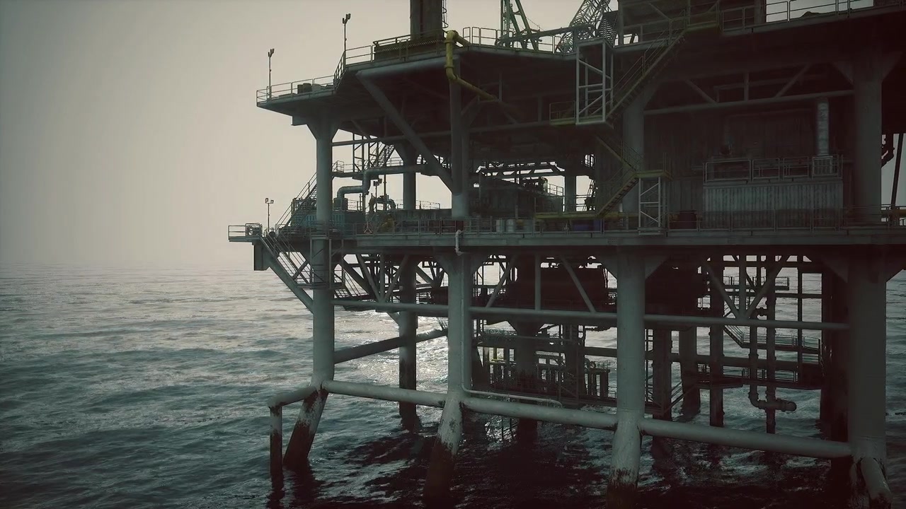Gölgeli yürüyüş yolları ve fırtınalı gökyüzü ile siluet halinde petrol çıkarma platformu.