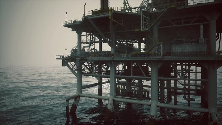 Silhouetted oil extraction platform with shadowed walkways and stormy sky