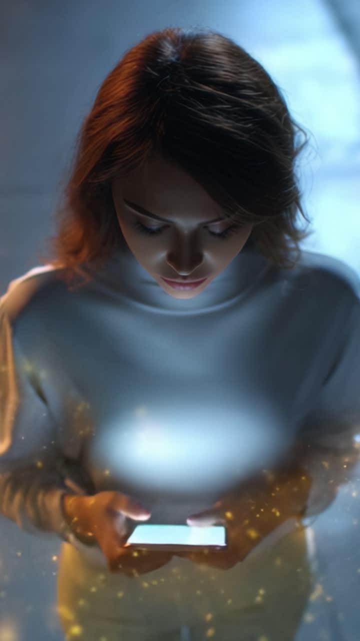 Una giovane donna contemplativa fissa il suo smartphone, avvolta in un bagliore magico, che simboleggia connessione, distrazione e il fascino della tecnologia digitale.