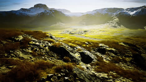vast landscape showing rugged mountains and lush valleys under sunlight