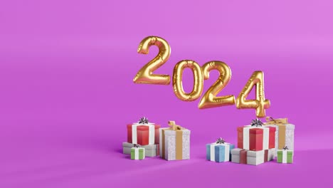 celebrating 2024 with golden balloons and gifts on pink background