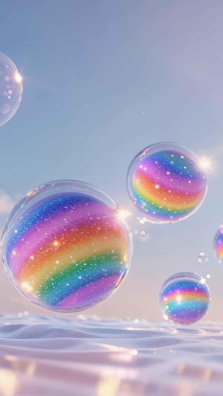Vertical video: Sparkling light spurring rainbow spheres ascending and drifting above water surface