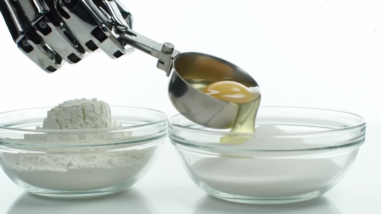 A robotic hand is seen precisely measuring flour with a metal scoop above two clear bowls filled with different white powders, showcasing advanced culinary technology in action.