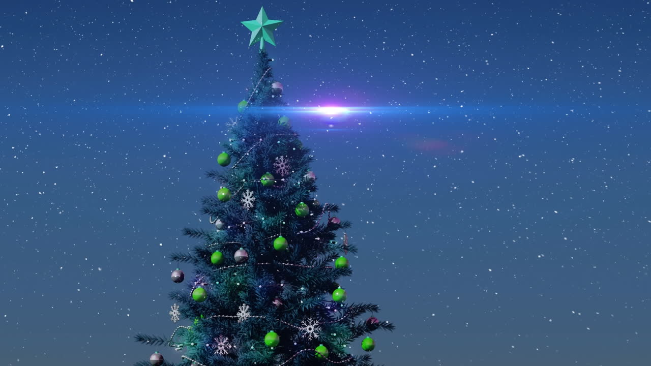 파란색 배경에 크리스마스 트리 위에 내리는 눈의 애니메이션