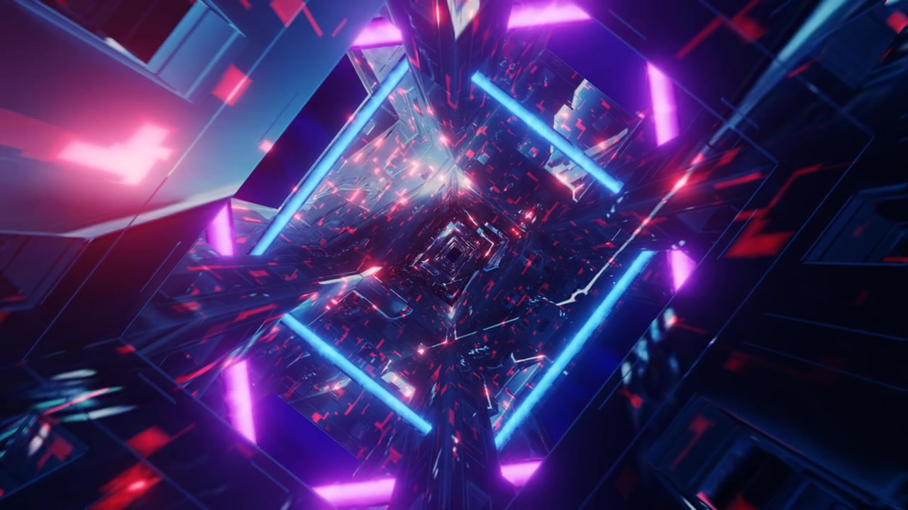 Terowongan Neon Futuristis Abstrak dengan Lampu Merah dan Biru yang Bersinar