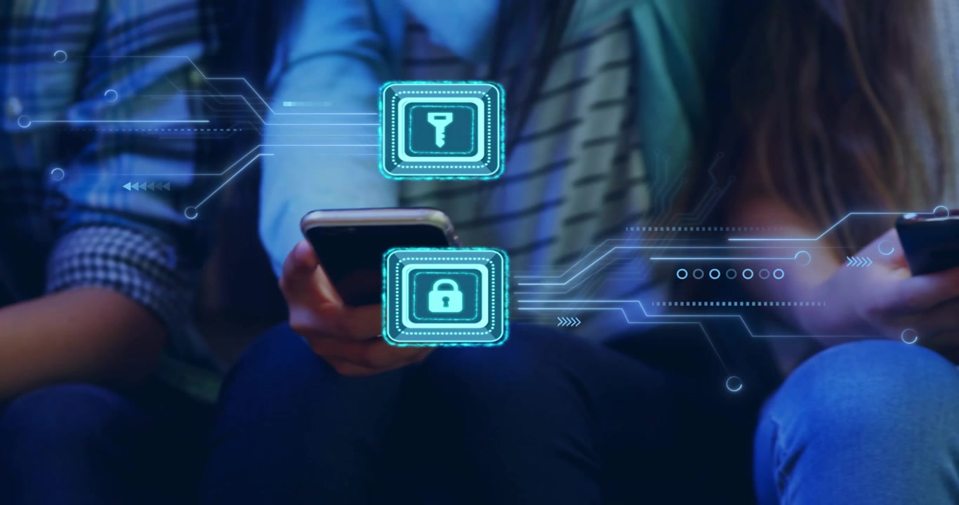 Tre telefoni, quello di destra si sposta al centro, creando una chiave e un lucchetto olografici pulsanti al centro, toccando per confermare il trasferimento.