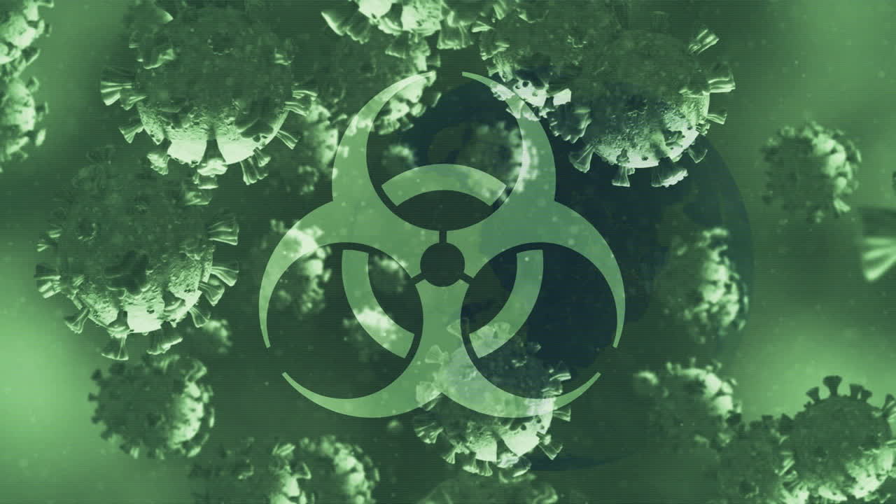 анимация падающих клеток ковид-19 над предупреждающим знаком