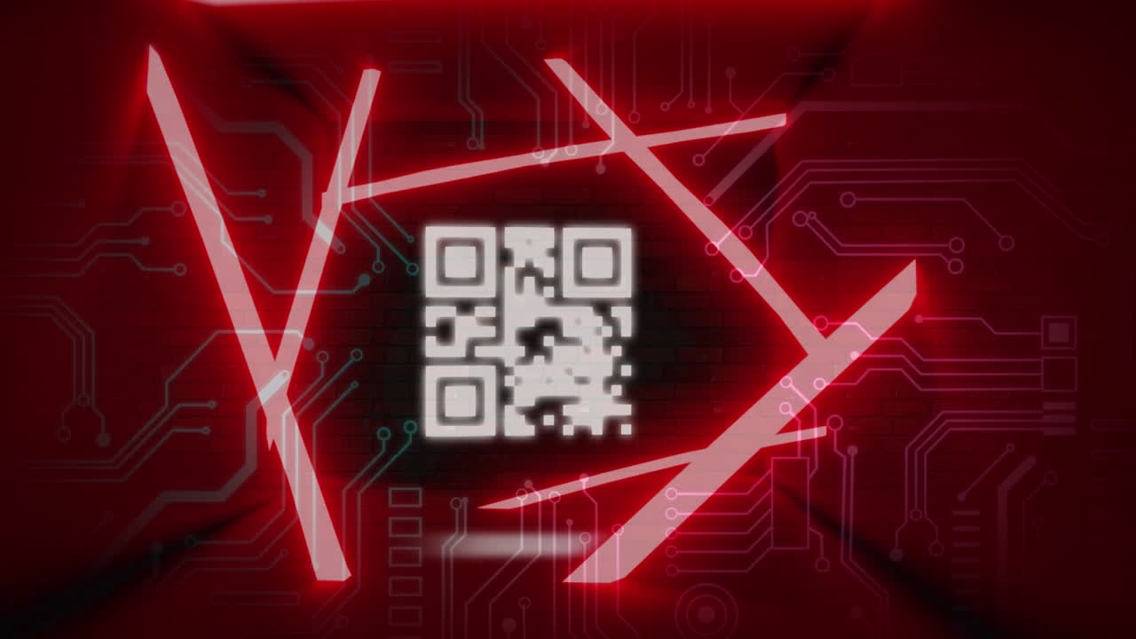QR code scanner with neon elements against microprocessor connections
