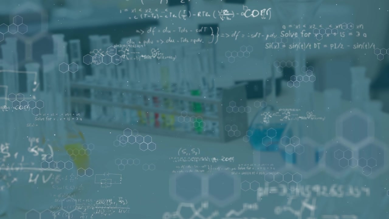 Sfondo di laboratorio scientifico con formule chimiche animate e strutture molecolari