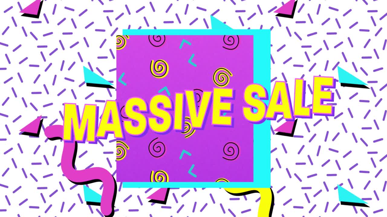 사각형, 기하학적 모양 및 색 배경 위의 선에 대규모 판매 텍스트의 애니메이션