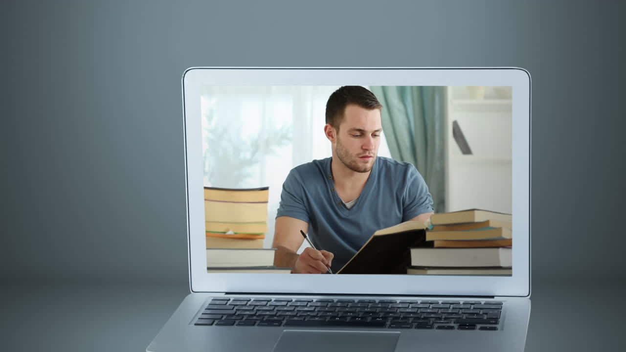 Animation of a laptop showing Caucasian man reading on the screen