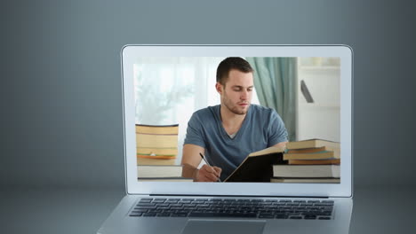 animation of a laptop showing caucasian man reading on the screen