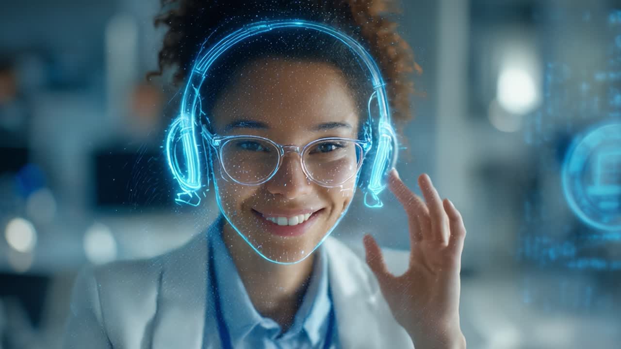 Teknologi i brug: En smilende kvinde med hovedtelefoner og augmented reality-grafik viser en lys fremtid inden for digital kommunikation med fokus på konnektivitet og innovation i det moderne liv.