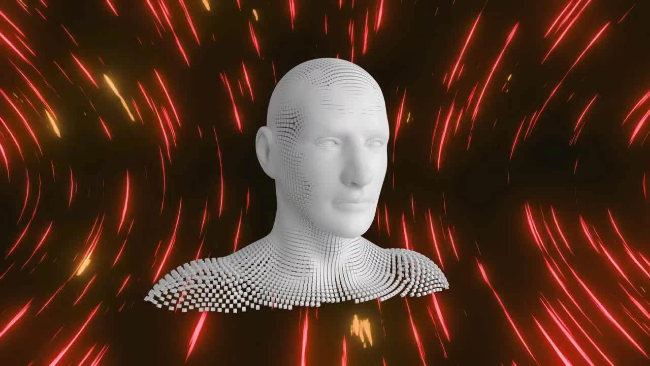 animación de pequeñas partículas que forman un modelo de cabeza humana contra rastros de luz roja sobre fondo negro