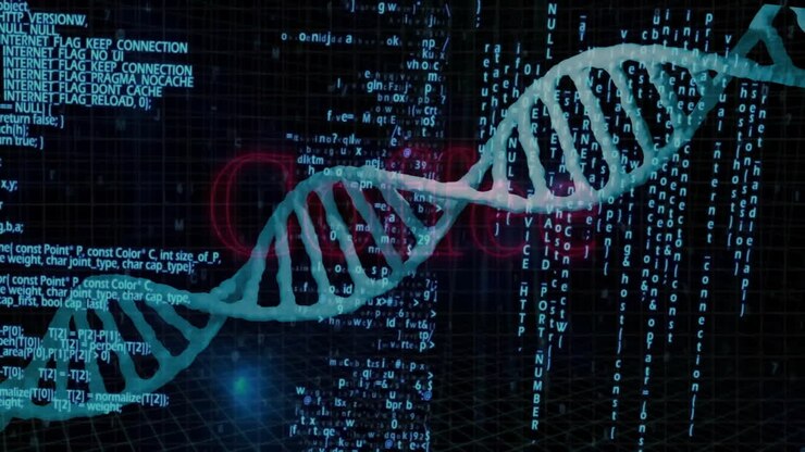 Processing scientific data, DNA strand and binary coding in animation