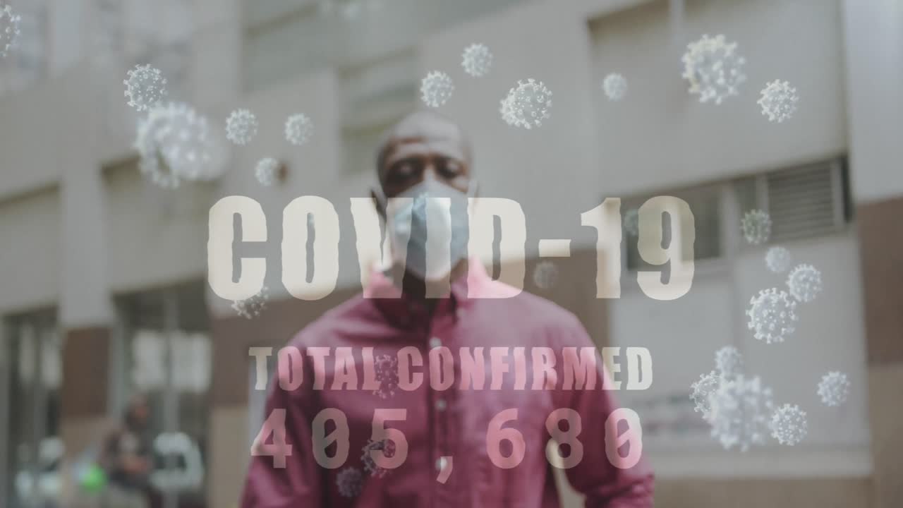 코로나 19 텍스트와 세포의 애니메이션 얼굴 마스크를 입은 아프리카계 미국인