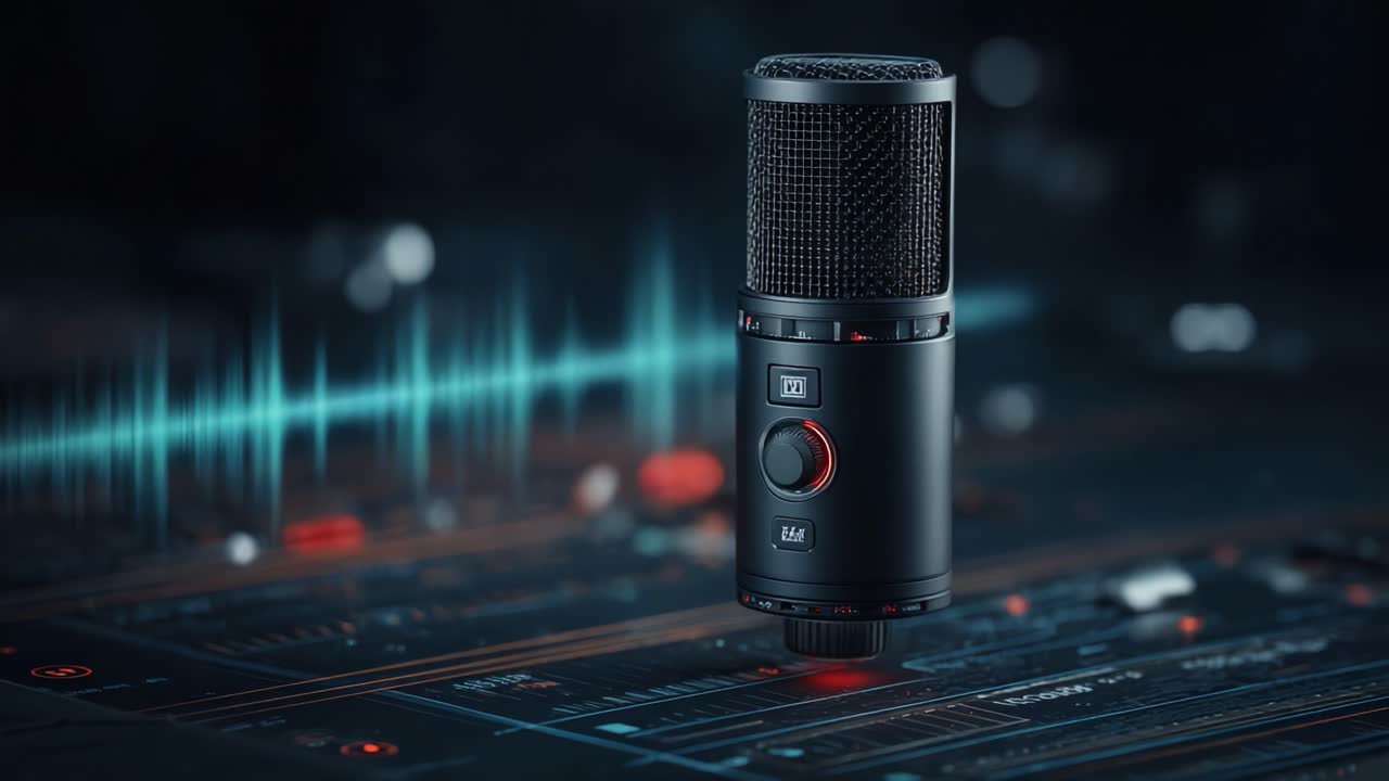 High-Quality Studio Microphone Captured in a Dynamic Sound Editing Environment with Surrounding Audio Waveform Visualization and Advanced Control Settings