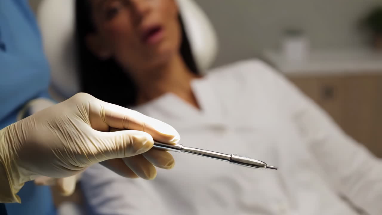 Dentist Examining Patient with Instrument