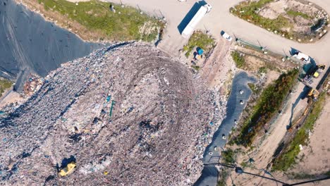 drone muy alto disparado por encima de una montaña de basura, un camión está empujando la basura, hay muchos pájaros volando sobre los camiones