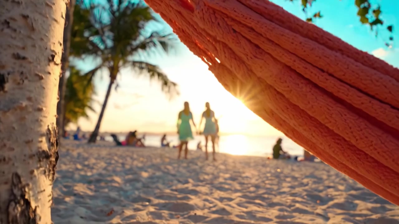 Relax su una Spiaggia Tropicale: Un'Amaca Appesa Tra Gli Alberi con un Bellissimo Tramonto Sull'Oceano, Che Crea un'Atmosfera Tropicale Invitante e Serena