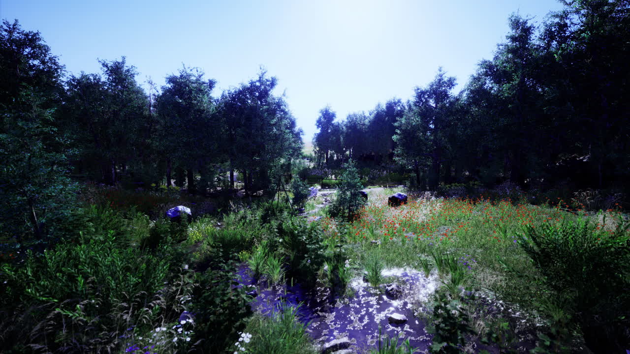 Lush green landscape with vibrant flora under clear blue sky during daytime