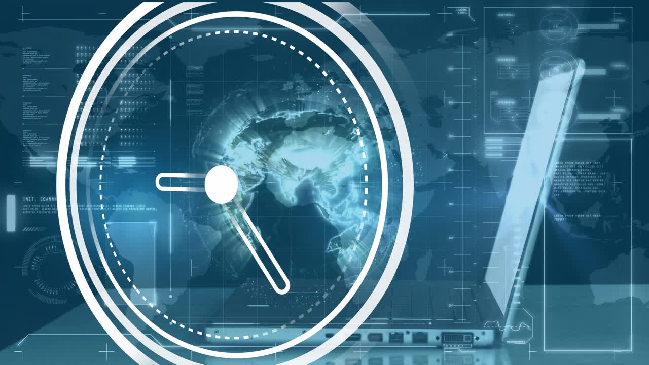 animación de reloj en movimiento y procesamiento de datos sobre empresario caucásico usando computadora portátil y mapa del mundo