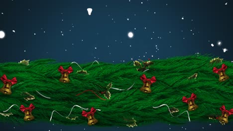 Animation-of-snow-falling-at-night-over-christmas-tree-branch-decorated-with-bells-and-holly-leaves