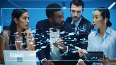 focused team analyzing high-tech data visualizations in a modern office environment, driven by collaboration and innovative technology solutions