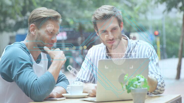 Animation of network of connections and fingerprint over caucasian men using laptop