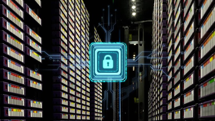 Animation of padlock with connections over server room