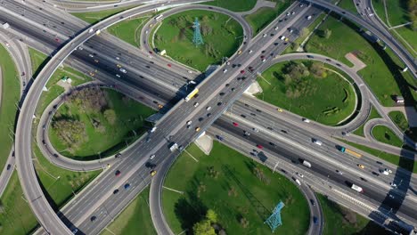 aerial view of a freeway intersection traffic trails in moscow.