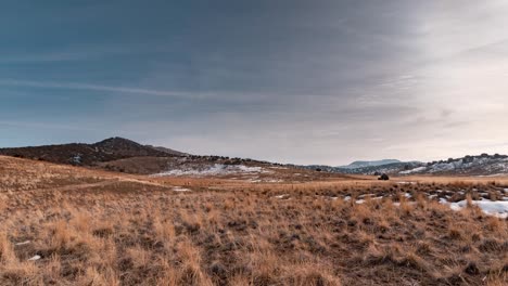 Hundreds-of-domestic-sheep-in-a-huge-flock-grazing-as-they-cross-the-high-desert-mountains---wide-angle-static-time-lapse