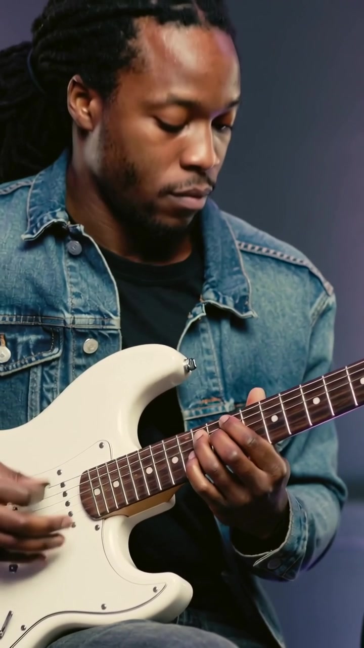 Vidéo verticale : Joueur en jean se préparant, frettant des notes plus aiguës et grattant une guitare blanche en studio.