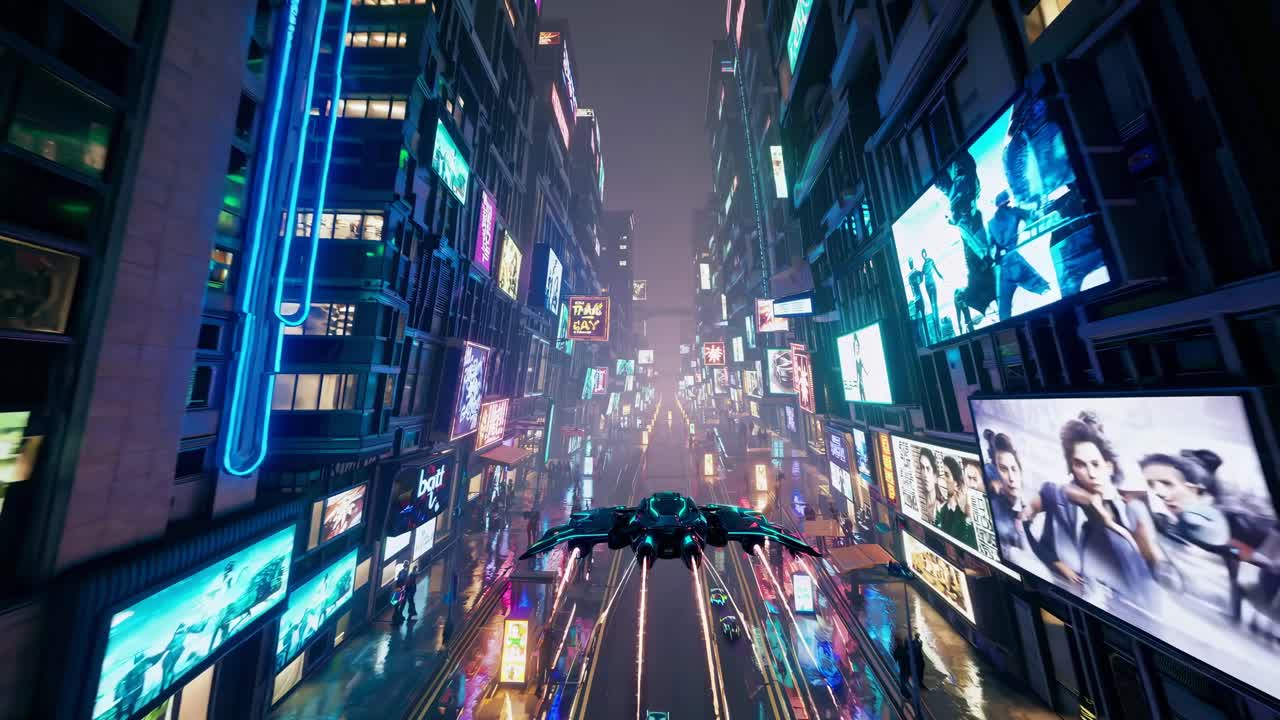 Futuristic cityscape with neon lights and flying vehicle, captured from a high-angle view