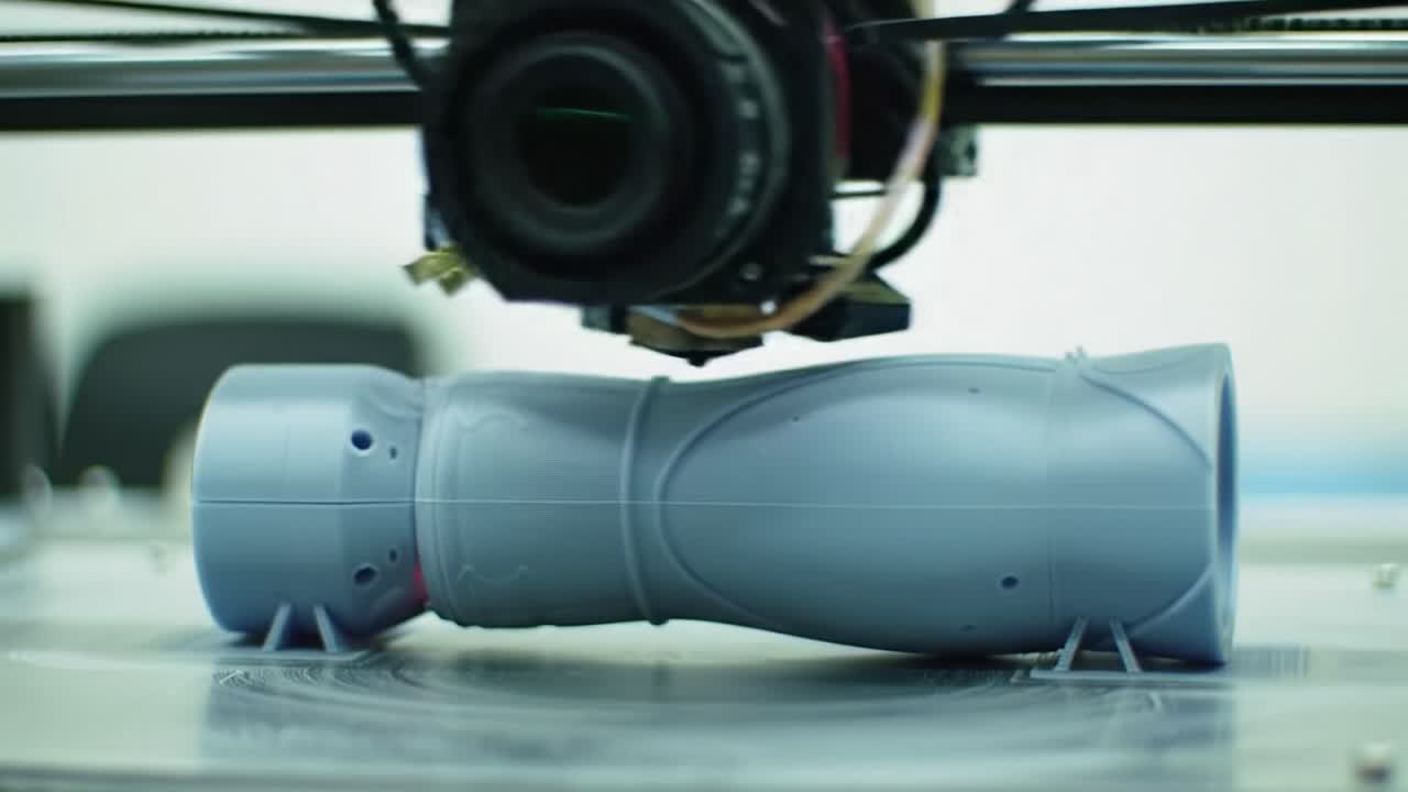 Advanced 3D Printing Process Captured: A Precision Camera Overseeing the Creation of a Complex Blue Model in a Controlled Environment